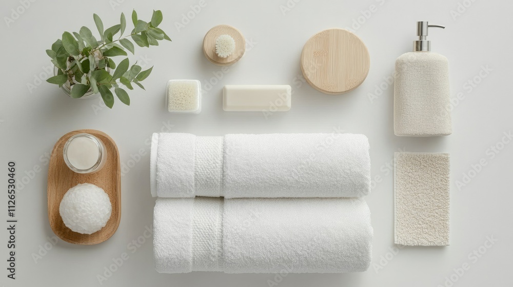 Obraz premium A top-down view of folded towels, soap dispensers, and a plant arranged aesthetically on a clean white background