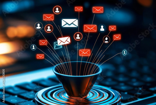 Abstract view of an automated email funnel with data and digital marketing icons, representing the flow of information and engagement in a marketing campaign photo