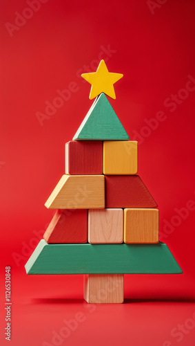 Christmas tree made of colorful children's wooden construction kit with a yellow star on a red background. Bright educational toys for children