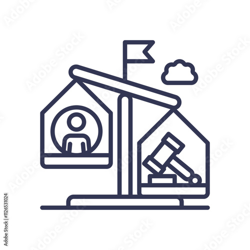 Scales of justice with a person and gavel, symbolizing power imbalance.