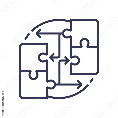 Puzzle pieces and arrows symbolize integration and interconnected systems.