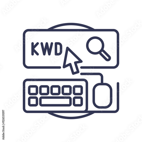Keyboard, mouse, and search icon symbolize keyword research and digital marketing.
