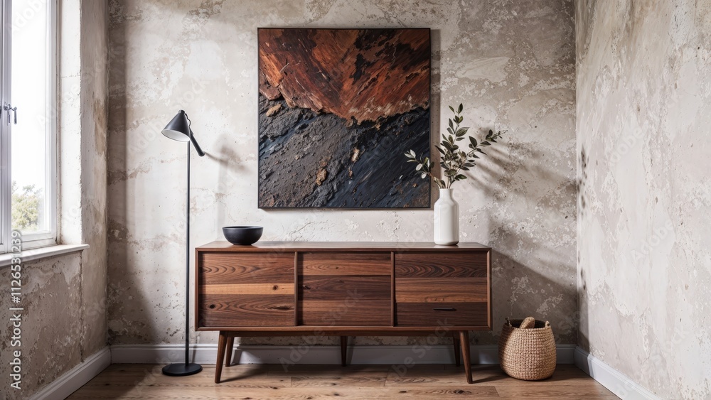 Generative AI, Modern living room corner with a walnut console table, abstract painting, and natural textures. Generative AI, Modern living room corner with a walnut console table, abstract painting, and natural textures.