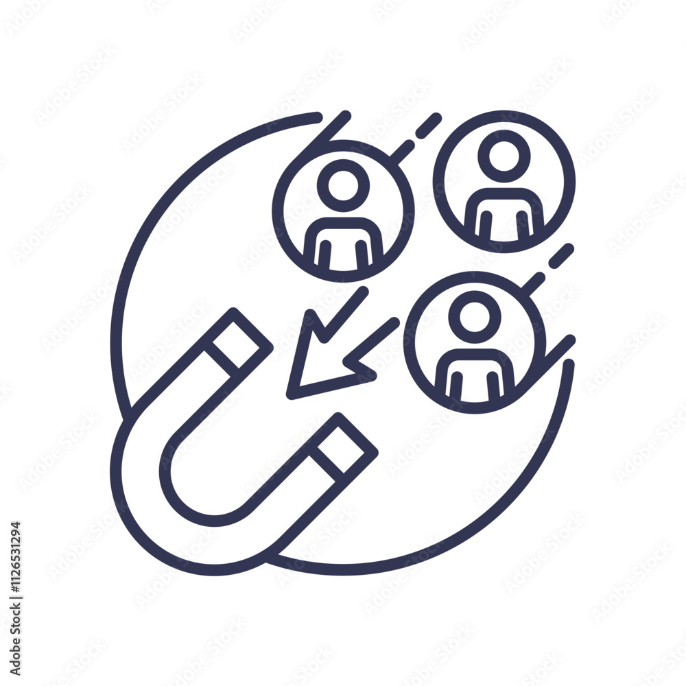 Magnet attracting people icons, symbolizing lead generation. Magnet attracting people icons, symbolizing lead generation.
