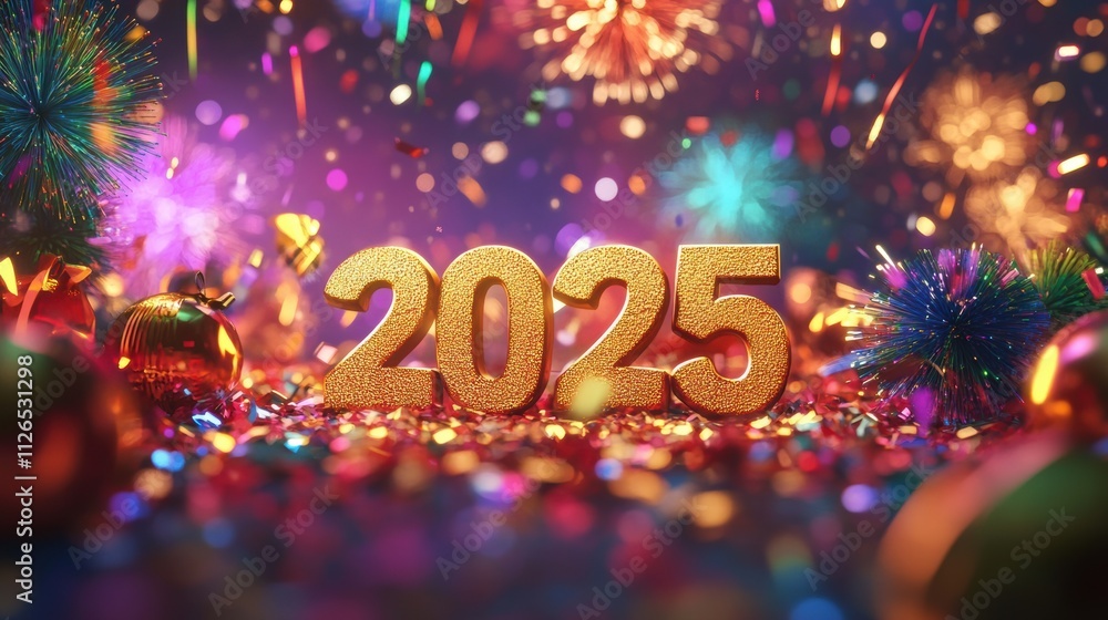 Golden 2025 New Year Celebration on Festive Background, Sparkling Decorations and Joyful Atmosphere Golden 2025 New Year Celebration on Festive Background, Sparkling Decorations and Joyful Atmosphere