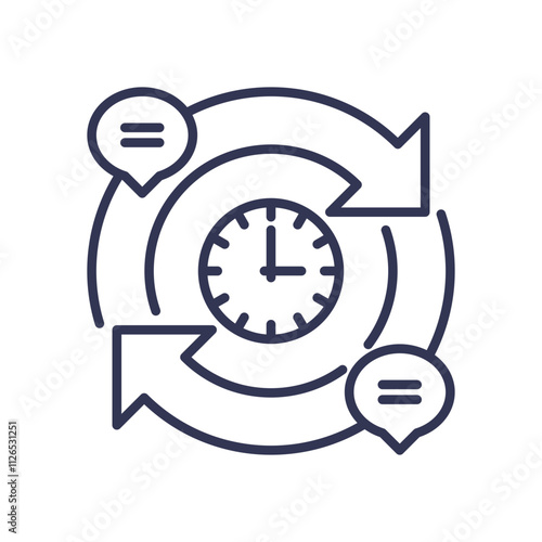 Clock with arrows and chat bubbles symbolizes time efficiency and communication.