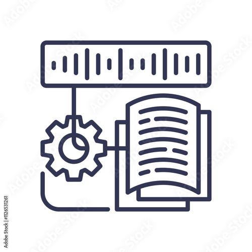 Illustration of transcription process with sound wave, gear, and document.
