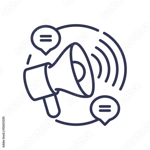 Megaphone with speech bubbles symbolizes broadcasting and communication.