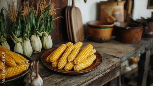 Harvesting fresh corn rustic kitchen food cozy atmosphere close-up view culinary delight