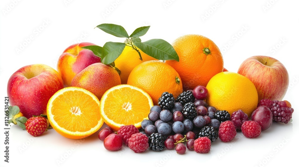 A vibrant assortment of fresh fruits including oranges, apples, and berries scattered on a clean white background. Bright and refreshing. A vibrant assortment of fresh fruits including oranges, apples, and berries scattered on a clean white background. Bright and refreshing.