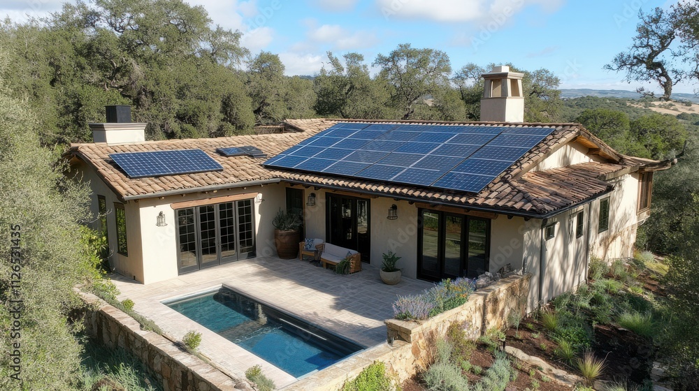 Eco-friendly solar panels line the roof of a vintage home, symbolizing sustainable living and energy efficiency. Eco-friendly solar panels line the roof of a vintage home, symbolizing sustainable living and energy efficiency.