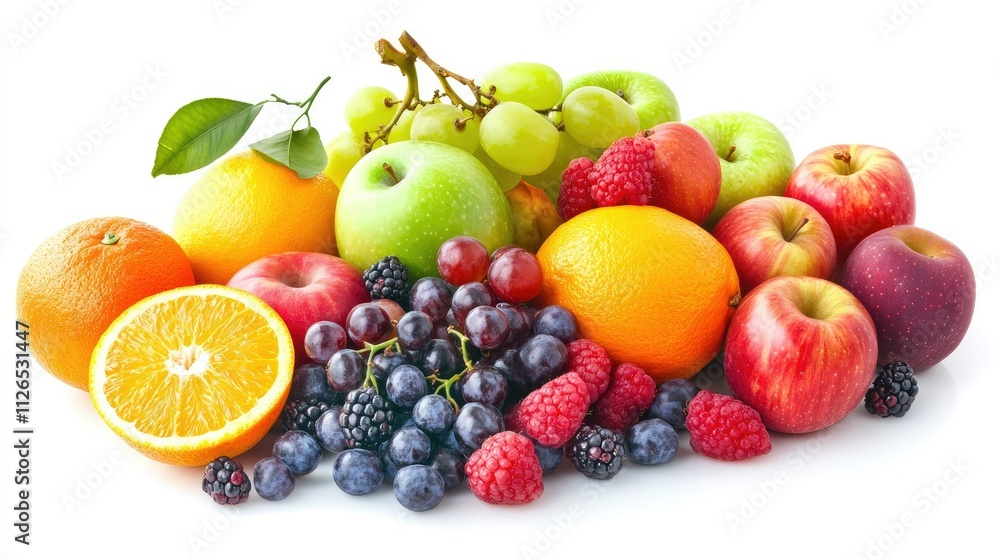 A vibrant assortment of fresh fruits including oranges, apples, and berries scattered on a clean white background. Bright and refreshing. A vibrant assortment of fresh fruits including oranges, apples, and berries scattered on a clean white background. Bright and refreshing.