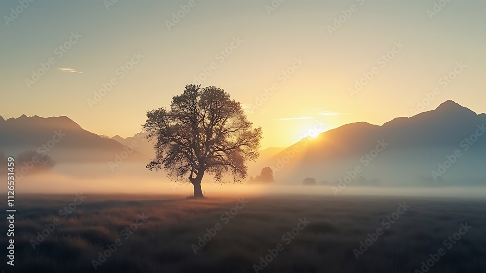 Fototapeta premium solitary tree stands in vast field at sunrise, surrounded by misty mountains