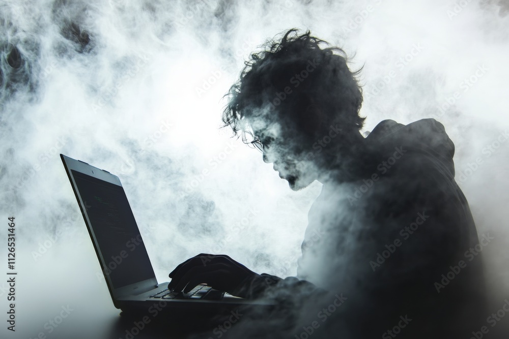 person working on laptop in foggy environment person working on laptop in foggy environment