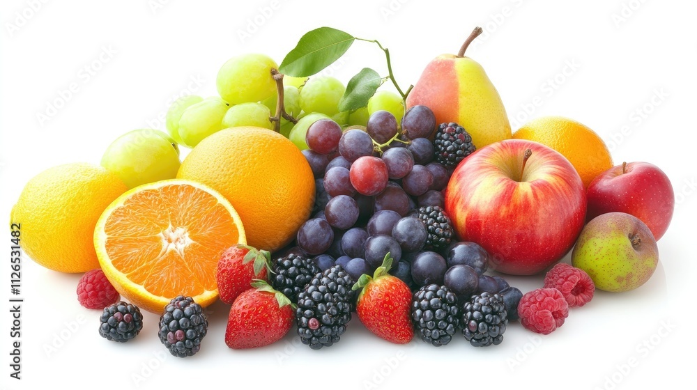 A vibrant assortment of fresh fruits including oranges, apples, and berries scattered on a clean white background. Bright and refreshing. A vibrant assortment of fresh fruits including oranges, apples, and berries scattered on a clean white background. Bright and refreshing.