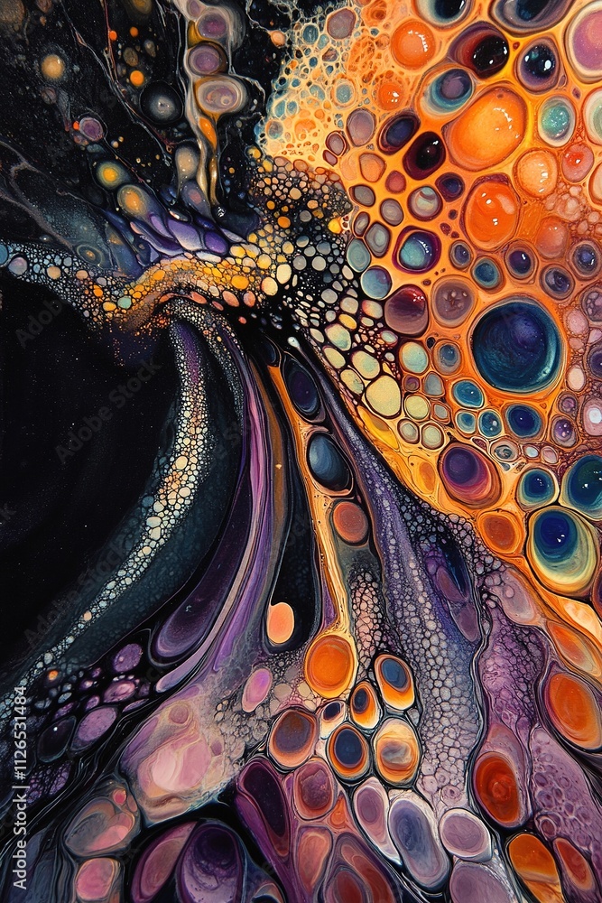 Abstract fluid art with vibrant swirling patterns and colorful circular elements in orange, purple, and black hues Abstract fluid art with vibrant swirling patterns and colorful circular elements in orange, purple, and black hues
