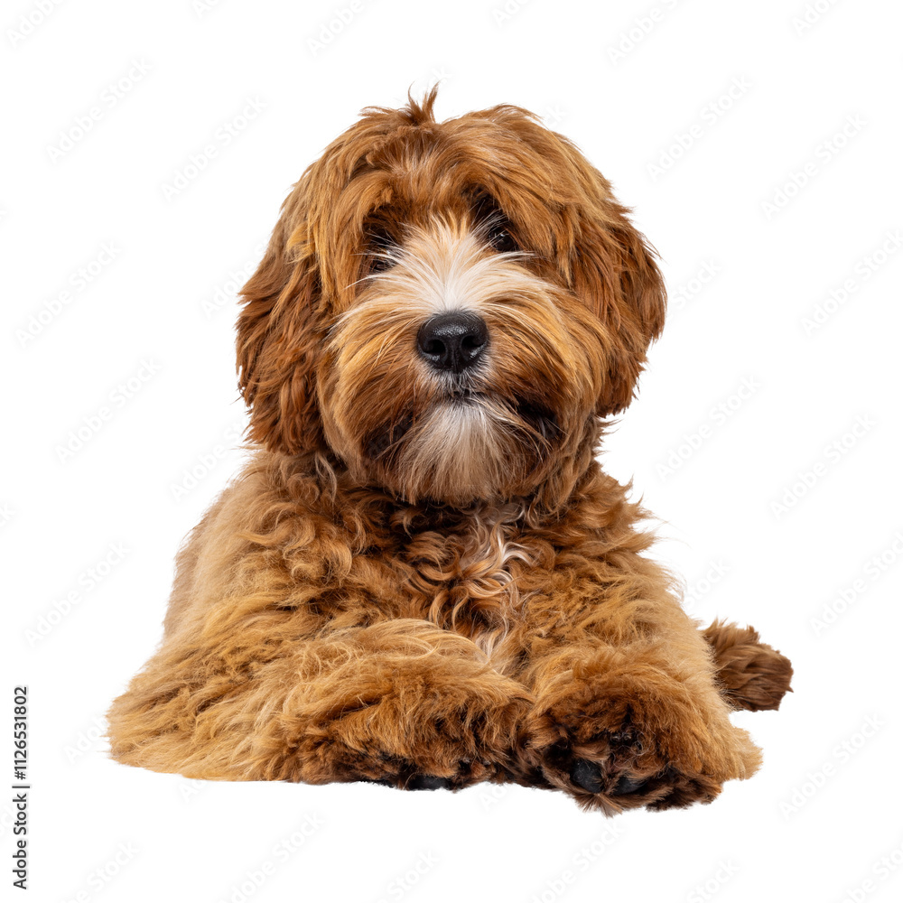 Adorable young labradoodle dog pup with white spots, laying down facing front. Looking towards camera. Isolated cutout on a transparent background. Adorable young labradoodle dog pup with white spots, laying down facing front. Looking towards camera. Isolated cutout on a transparent background.