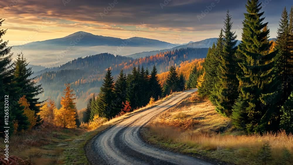 Majestic Autumnal Sunrise: Winding Mountain Road Through a Picturesque Forest Landscape Majestic Autumnal Sunrise: Winding Mountain Road Through a Picturesque Forest Landscape