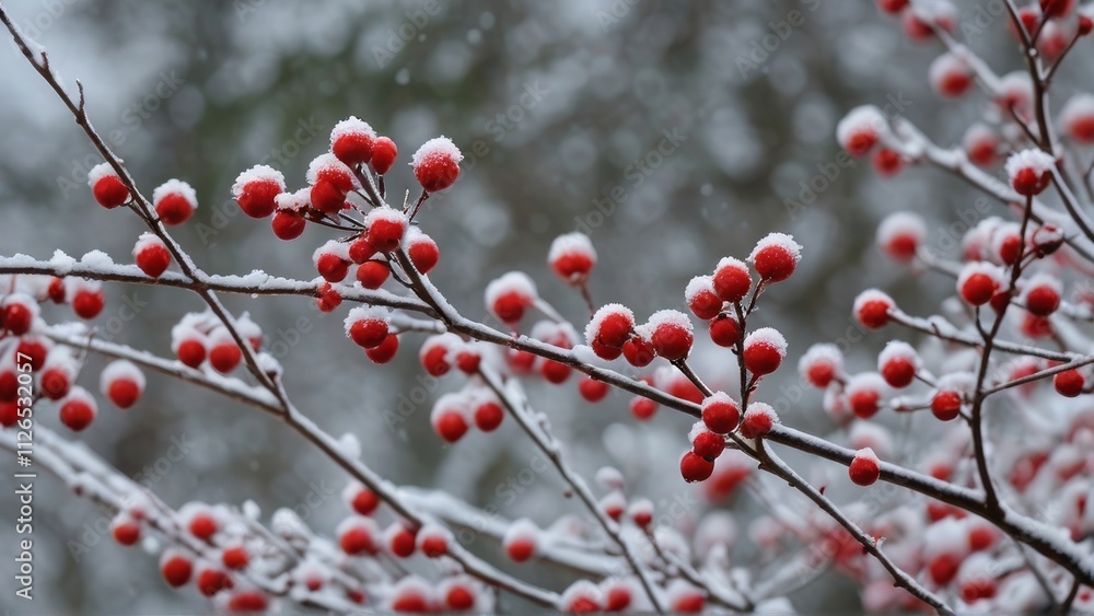 A stunning close-up of red berries dusted with snow, creating a beautiful contrast against the wintery backdrop. The delicate details and soft focus add to the overall beauty of the image. A stunning close-up of red berries dusted with snow, creating a beautiful contrast against the wintery backdrop. The delicate details and soft focus add to the overall beauty of the image.