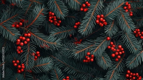 Christmas tree banches and red berries background photo