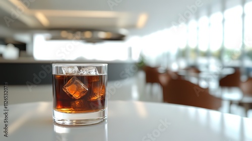 Iced drink in a rocks glass on a table in a cafe.