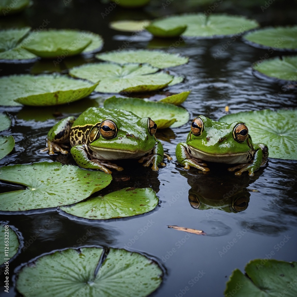 A group of frogs croaking on Amazon lily pads. A group of frogs croaking on Amazon lily pads.