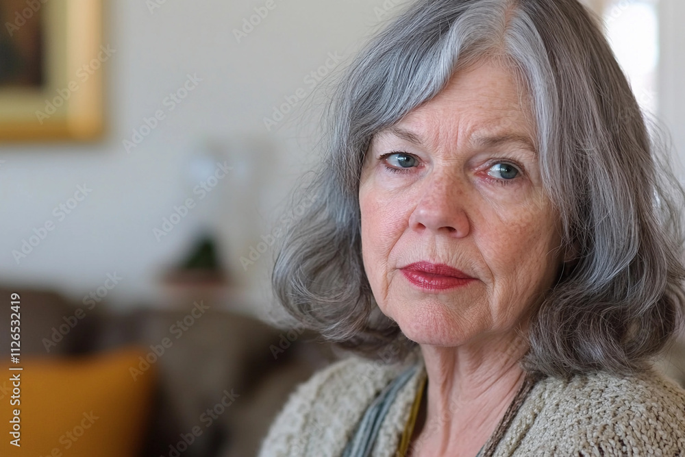 Senior woman with thoughtful expression indoors in a cozy setting Senior woman with thoughtful expression indoors in a cozy setting