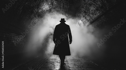 Silhouette of a mysterious man in a foggy brick tunnel, cinematic black and white noir photography style photo