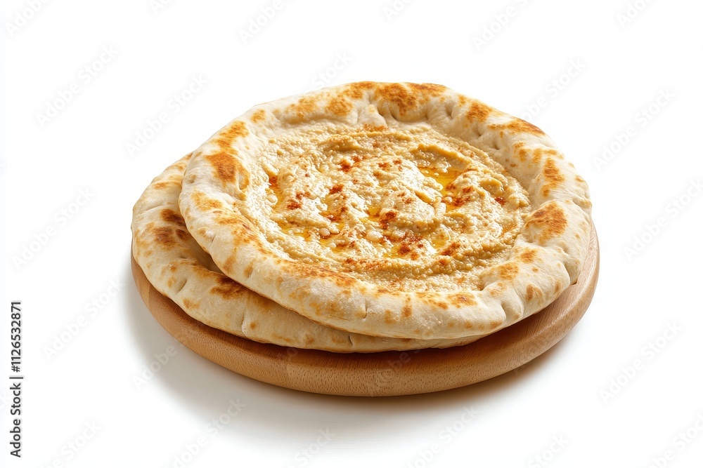 Freshly baked flatbread served with flavorful hummus on a wooden plate in a minimalist setting Freshly baked flatbread served with flavorful hummus on a wooden plate in a minimalist setting