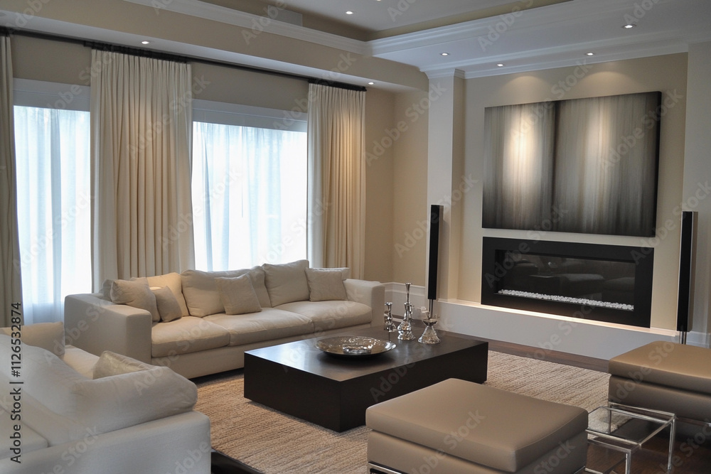 Fototapeta premium Elegant living room with modern decor and fireplace