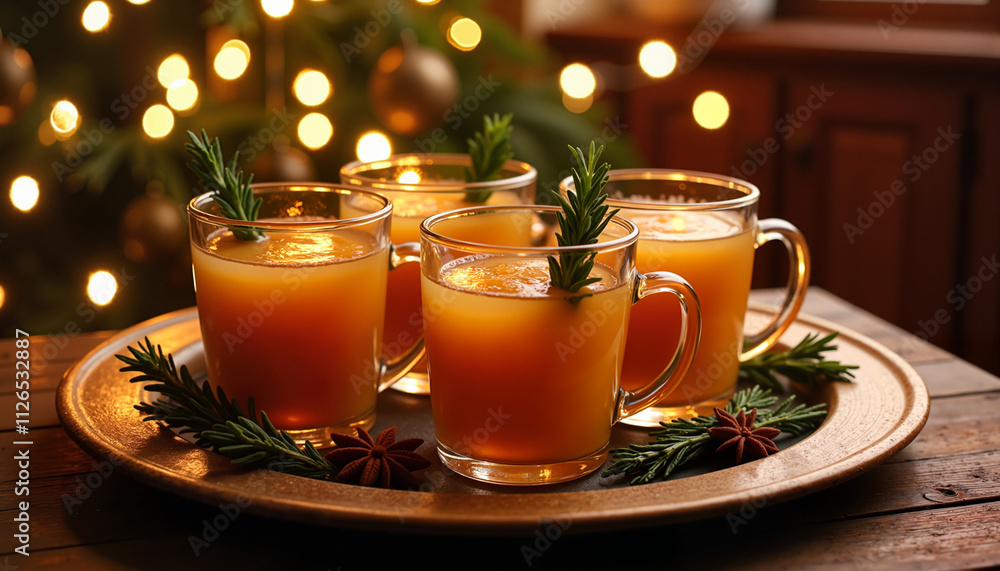 Festive drinks with rosemary and star anise on a golden tray during Christmas celebration Festive drinks with rosemary and star anise on a golden tray during Christmas celebration