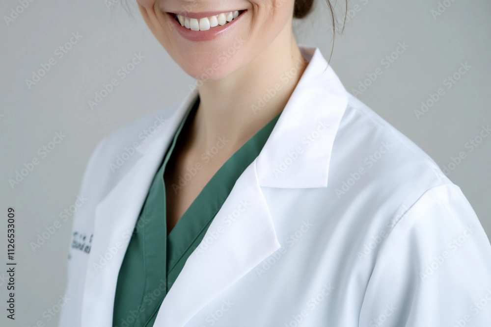 Smiling healthcare professional in white coat and scrubs