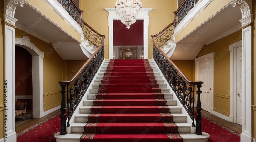 Obraz premium Elegant staircase with red carpet and ornate wrought iron railing. Warm yellow walls and classic chandelier enhance luxurious ambiance.