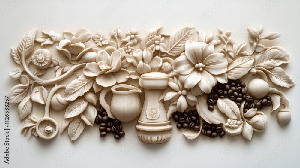 Fototapeta premium coffee plantation motif carving, dimensional floral arrangement, coffee beans and brewing implements, ivory toned wall sculpture, baroque style botanical art