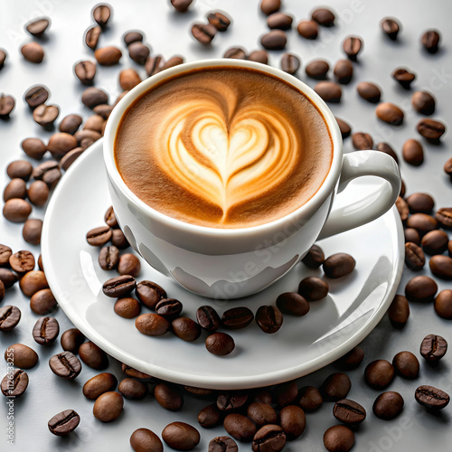 A white coffee cup with a delicate heart-shaped foam design