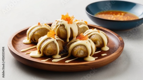 Delicious steamed dumplings topped with creamy sauce and garnished with crispy bits, served on a wooden platter with dipping sauce.