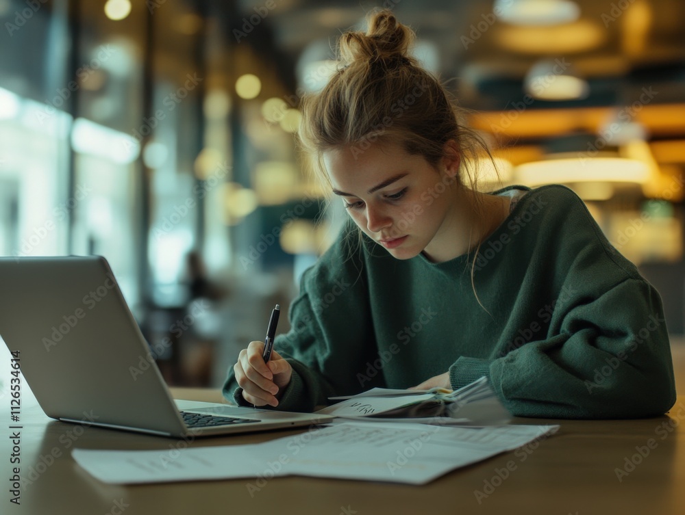 focused student studying with laptop and notes in modern workspace focused student studying with laptop and notes in modern workspace