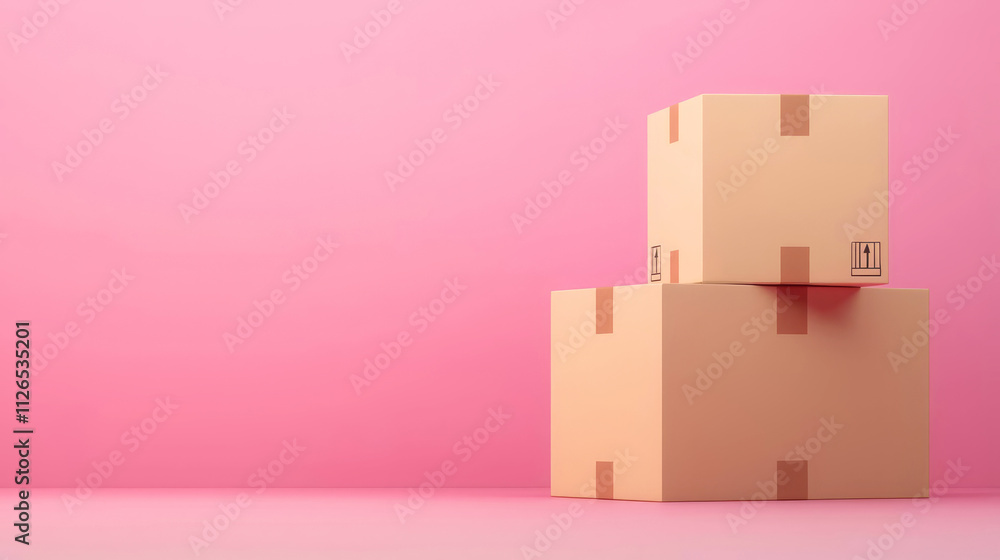 Three cardboard boxes stacked on a pink background, creating a minimalist and vibrant aesthetic. Three cardboard boxes stacked on a pink background, creating a minimalist and vibrant aesthetic.