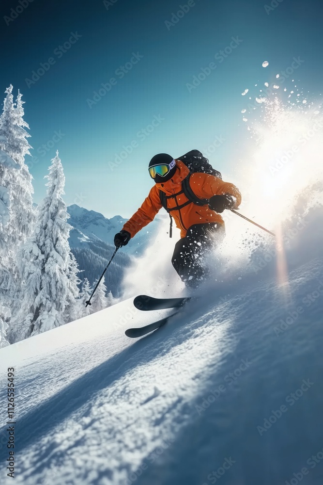 Professional skier wearing an orange jacket and a backpack is skiing downhill on a snowy mountain at sunrise, creating a cloud of snow powder Professional skier wearing an orange jacket and a backpack is skiing downhill on a snowy mountain at sunrise, creating a cloud of snow powder