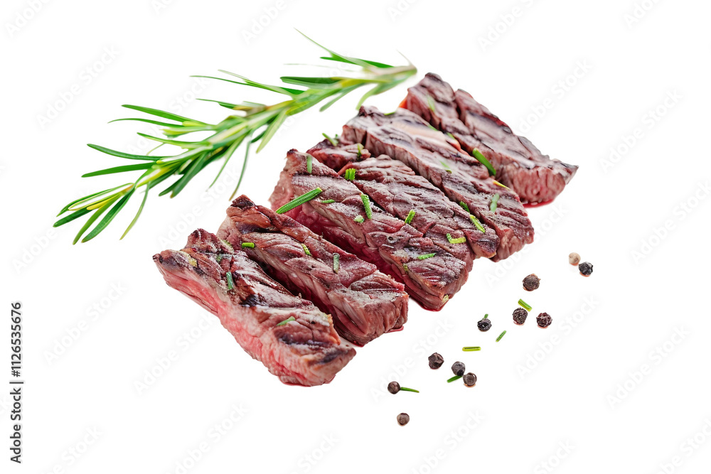 Sliced flat iron steak on a cutting board isolated on transparent background Sliced flat iron steak on a cutting board isolated on transparent background