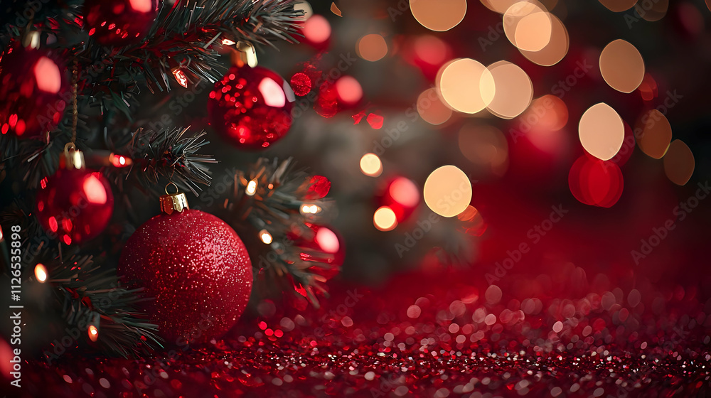 Red Christmas Ornaments Sparkle Brightly on Tree Red Christmas Ornaments Sparkle Brightly on Tree