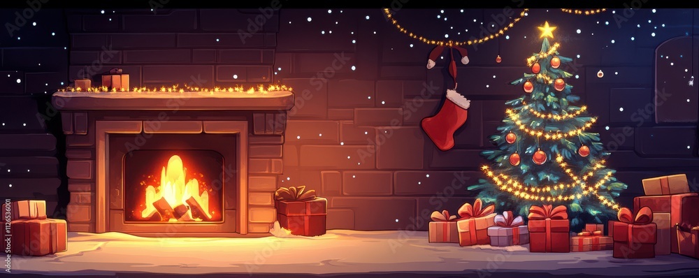 Christmas Tree With Gifts Near A Fireplace With Lights Christmas Tree With Gifts Near A Fireplace With Lights