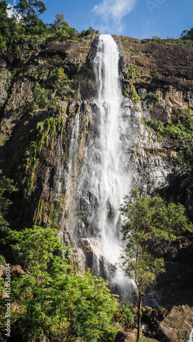 The view of a waterfall in Central Highlands of Sri Lanka
