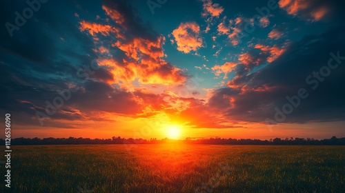 Vibrant Sunset Over Field Of Grass Under Dramatic Sky