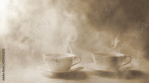 Wallpaper Mural nostalgic coffee scene, delicate rising steam, soft sepia tones, classic white porcelain, morning sunlight bokeh, atmospheric stillness Torontodigital.ca
