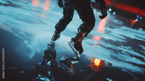 Portrait of player playing hockey on ice rink in position to hit hockey puck,One hockey player on ice in action,Professional Player Shooting the Puck,match, game, action,Concept of sport. photo