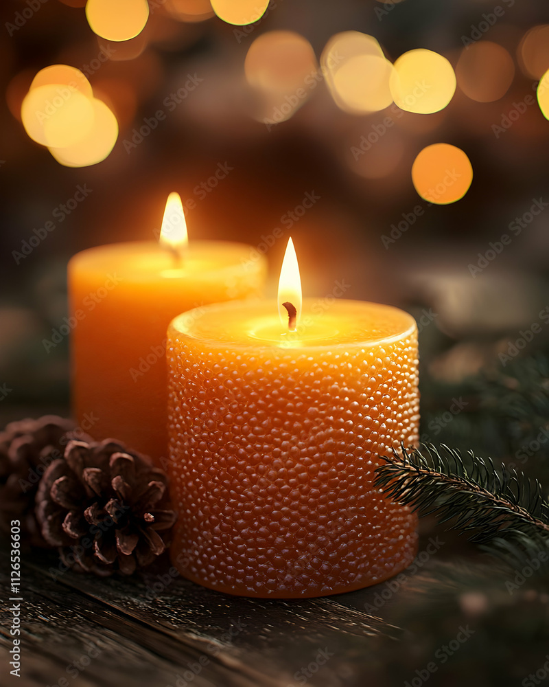 Burning Candles with Pine Cones and Fir Branches Burning Candles with Pine Cones and Fir Branches