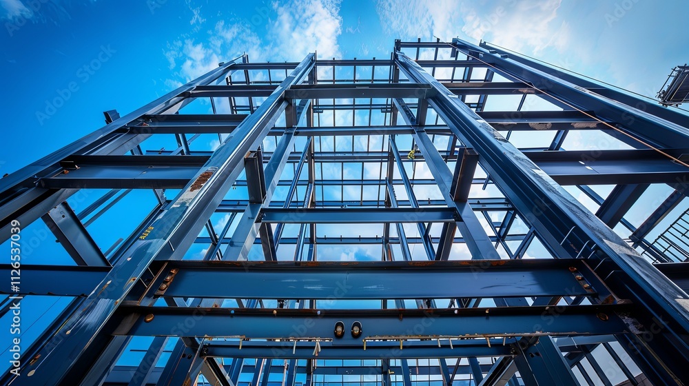 Steel Framework of a Building Under Construction Against a Blue Sky Steel Framework of a Building Under Construction Against a Blue Sky
