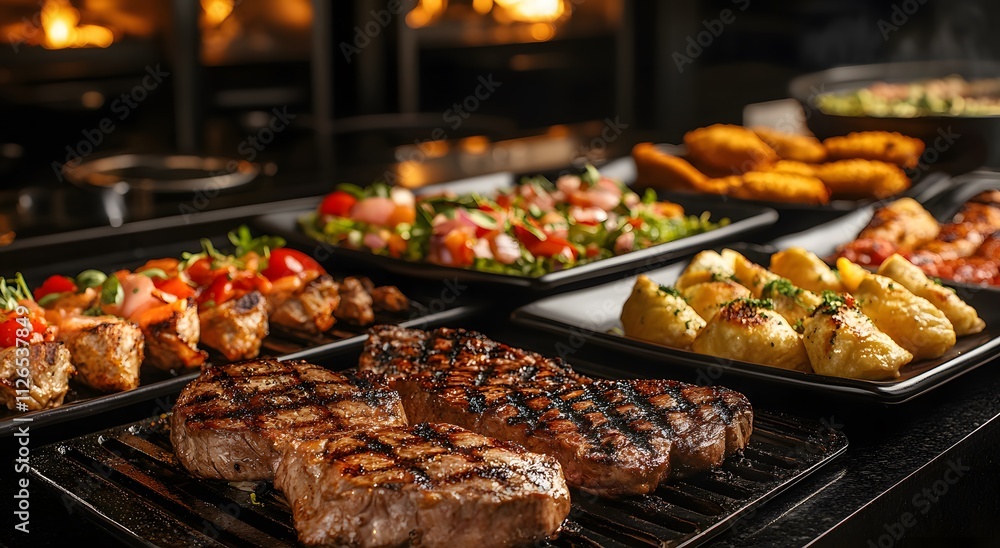 There are delicious and fresh food, fresh vegetables and grilled meat arranged on a table. Amazing elegant catering buffet ideas displaying delicious variety of food, which is very tempting to look at There are delicious and fresh food, fresh vegetables and grilled meat arranged on a table. Amazing elegant catering buffet ideas displaying delicious variety of food, which is very tempting to look at