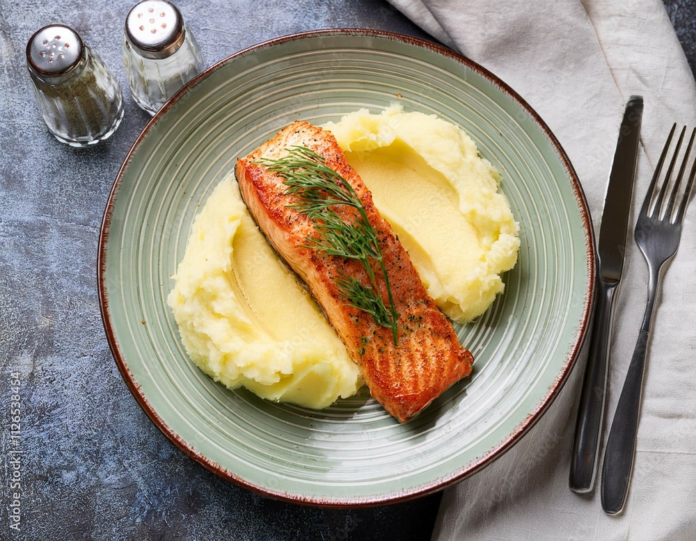 delicious baked salmon with fresh dill and creamy mashed potatoes on plate delicious baked salmon with fresh dill and creamy mashed potatoes on plate